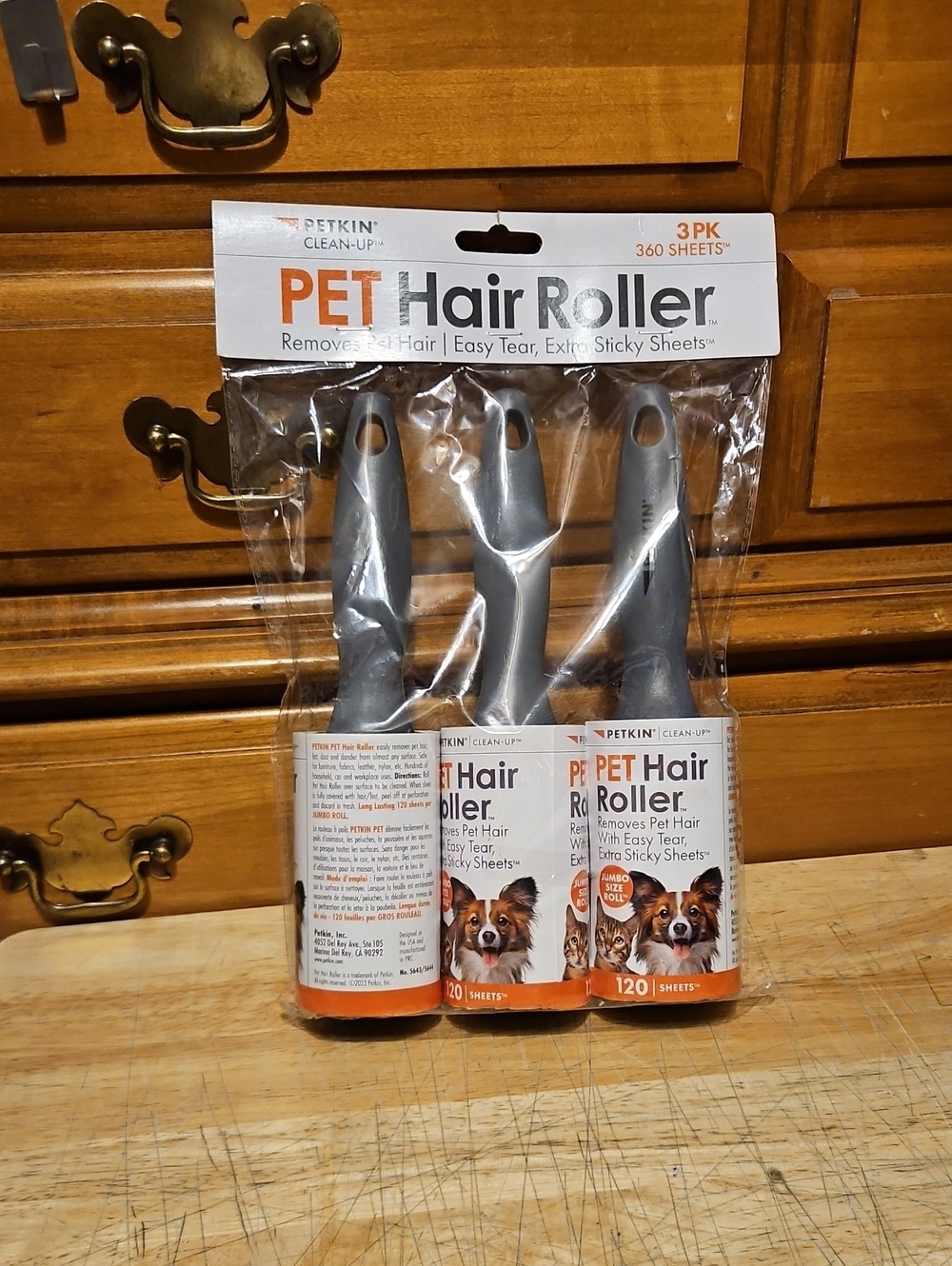 Pet Hair Roller 3-Pack with Gray Handles.